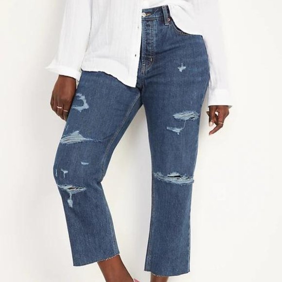 Old Navy High-Waisted Slouchy Straight Cropped Ripped Dark-Wash Jeans for Women - Picture 5 of 7